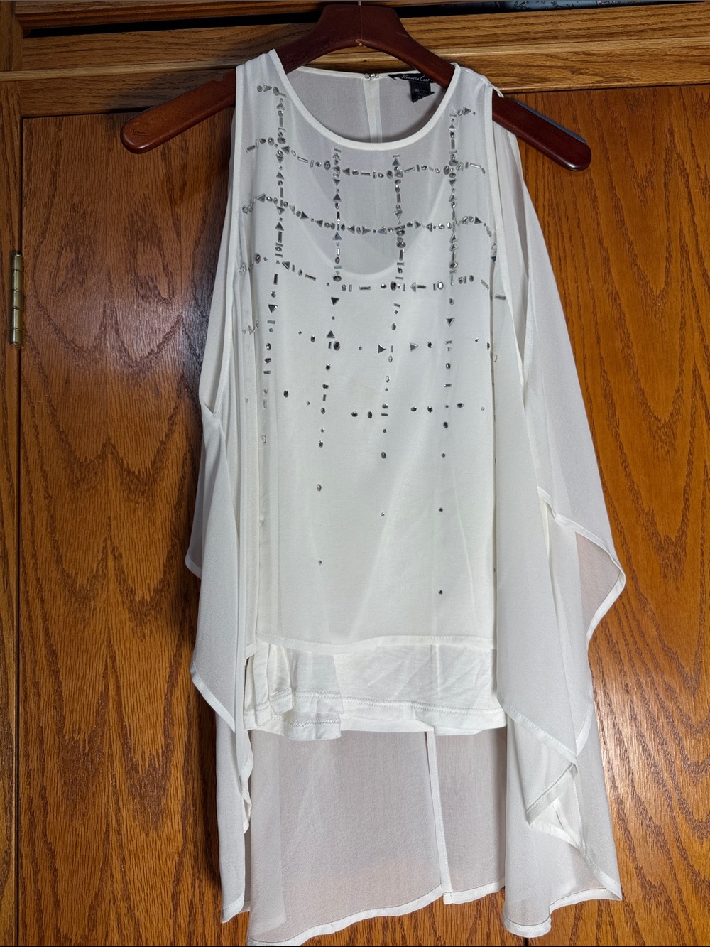 Kenneth Cole White Beaded Chiffon Overlay Top